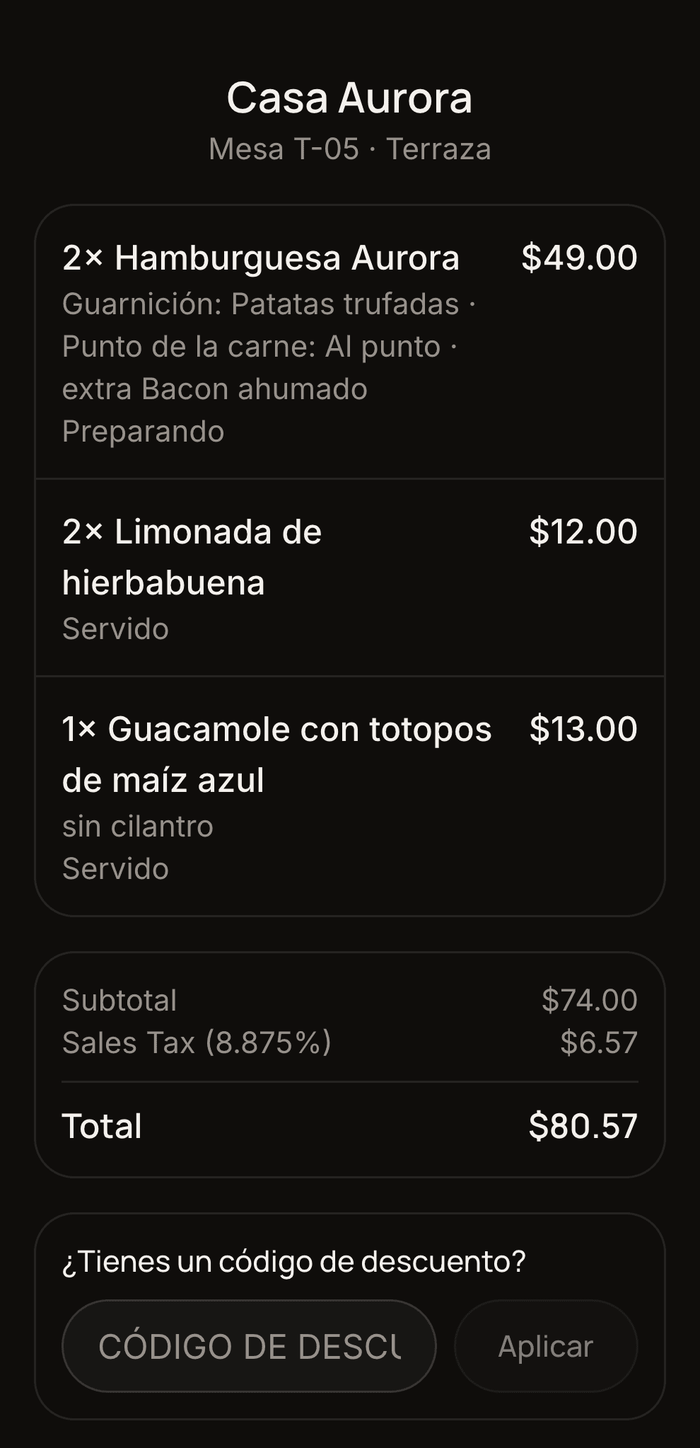 A table's check seen on the guest's phone after scanning the QR code