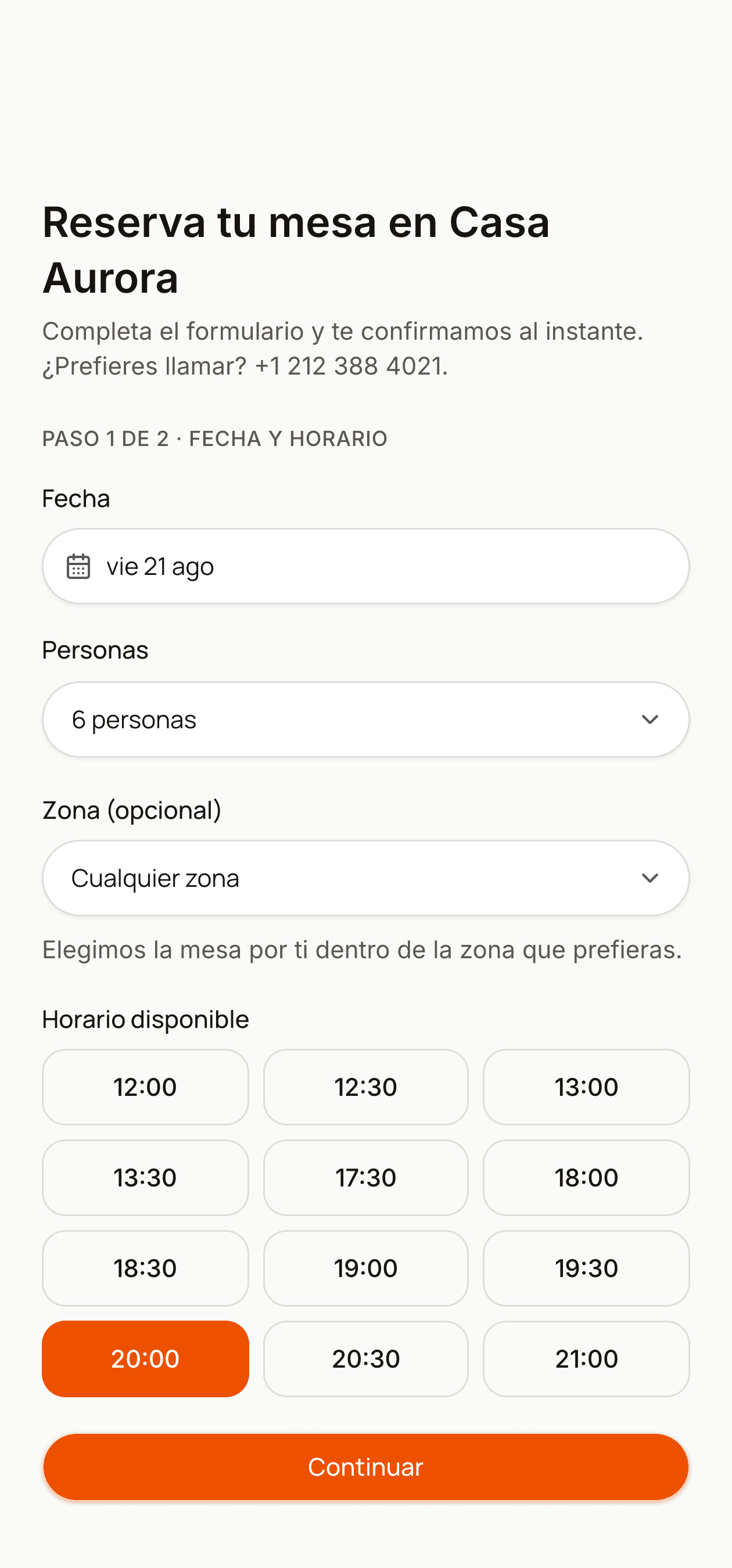 A restaurant's public booking page on a phone, showing the available time slots