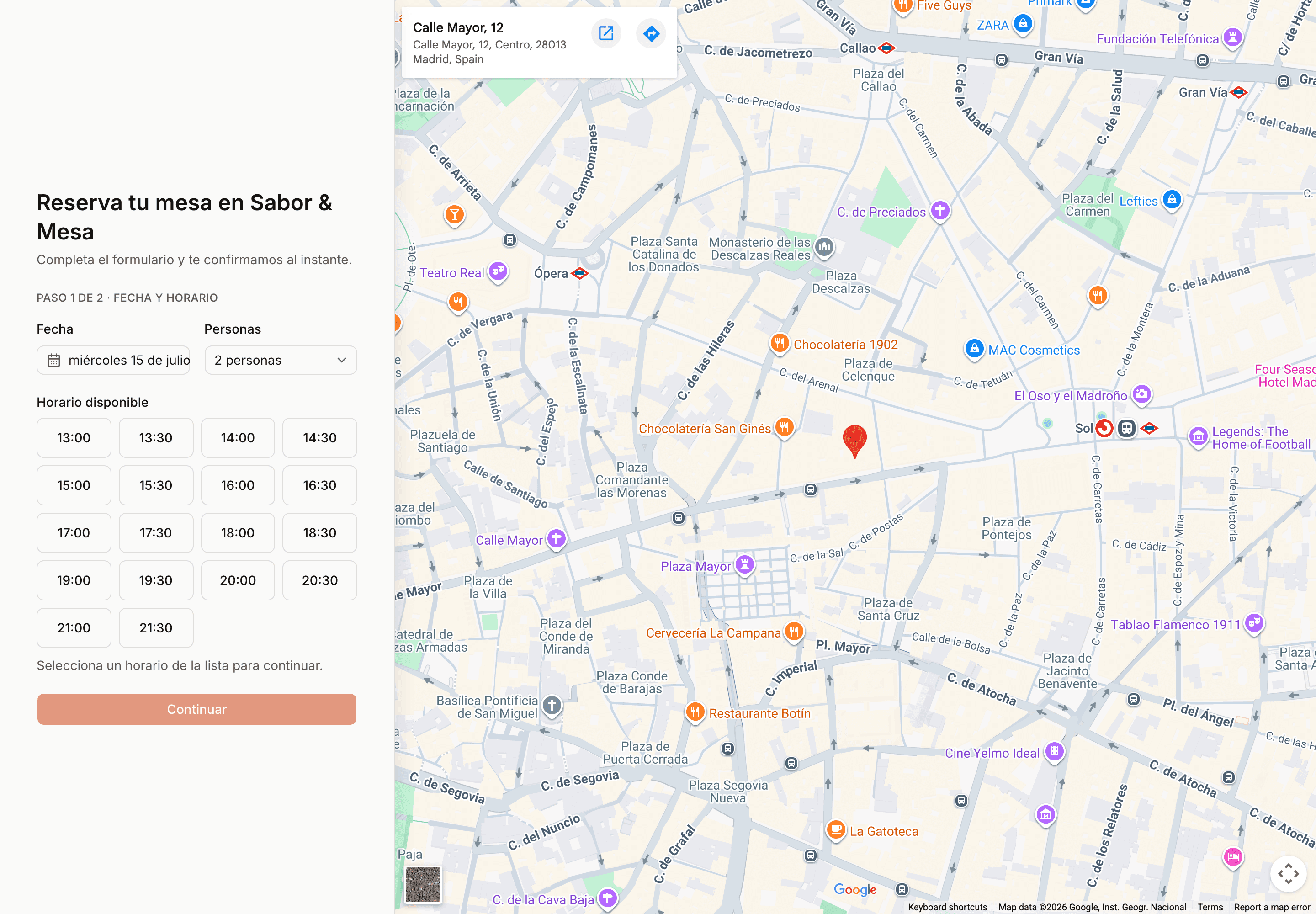 Página pública de reservas online de un restaurante